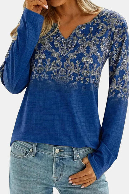 Printed Notched Long Sleeve T-Shirt