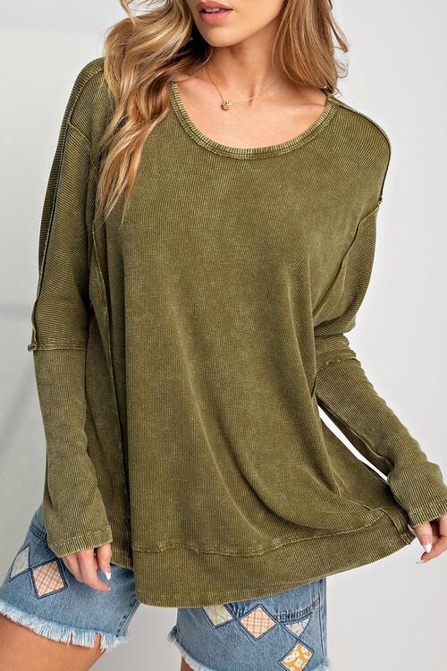 Exposed Seam Round Neck Long Sleeve Blouse