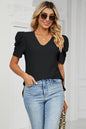 Eyelet V-Neck Short Sleeve Blouse