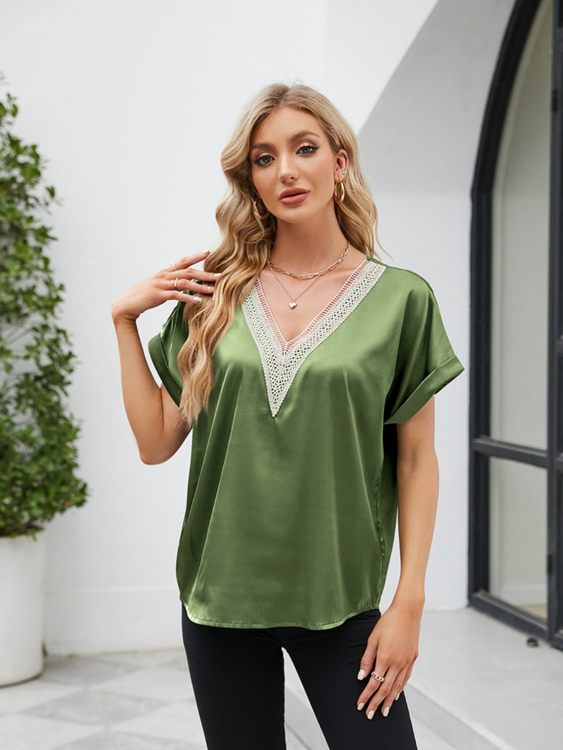 V-Neck Short Sleeve Blouse