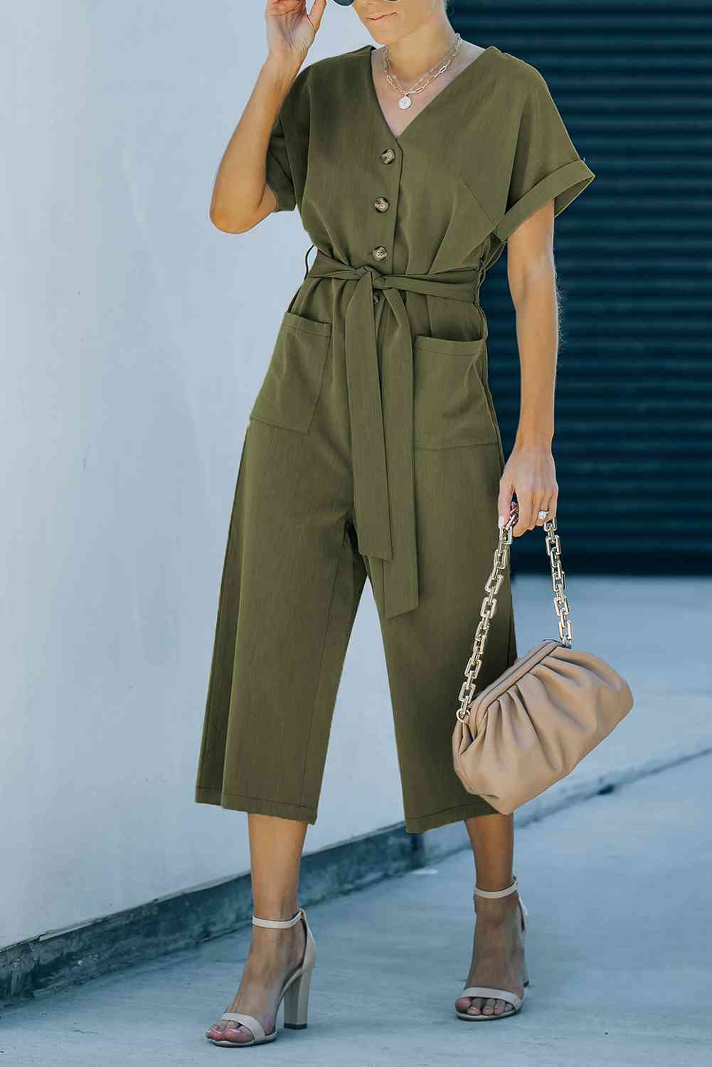 Tie-Waist Buttoned Cropped Jumpsuit