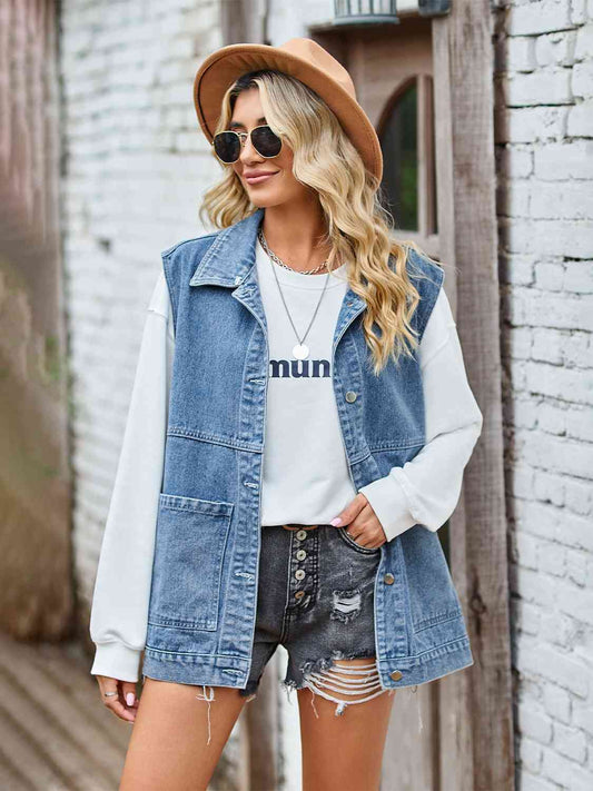 Button Front Sleeveless Denim Jacket