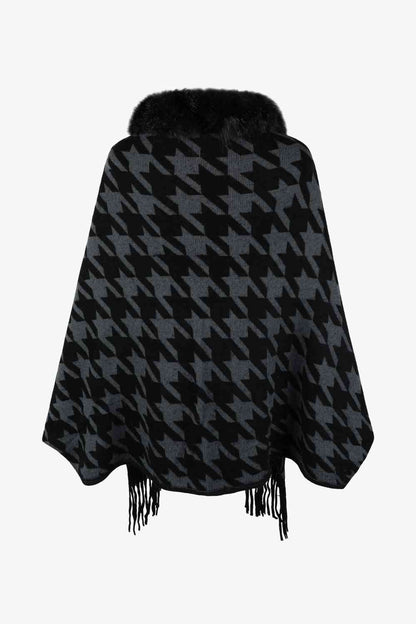 Houndstooth Fringe Hem Poncho