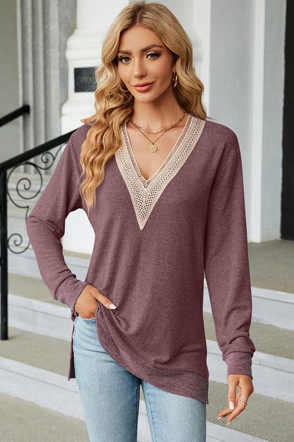 Slit V-Neck Long Sleeve T-Shirt