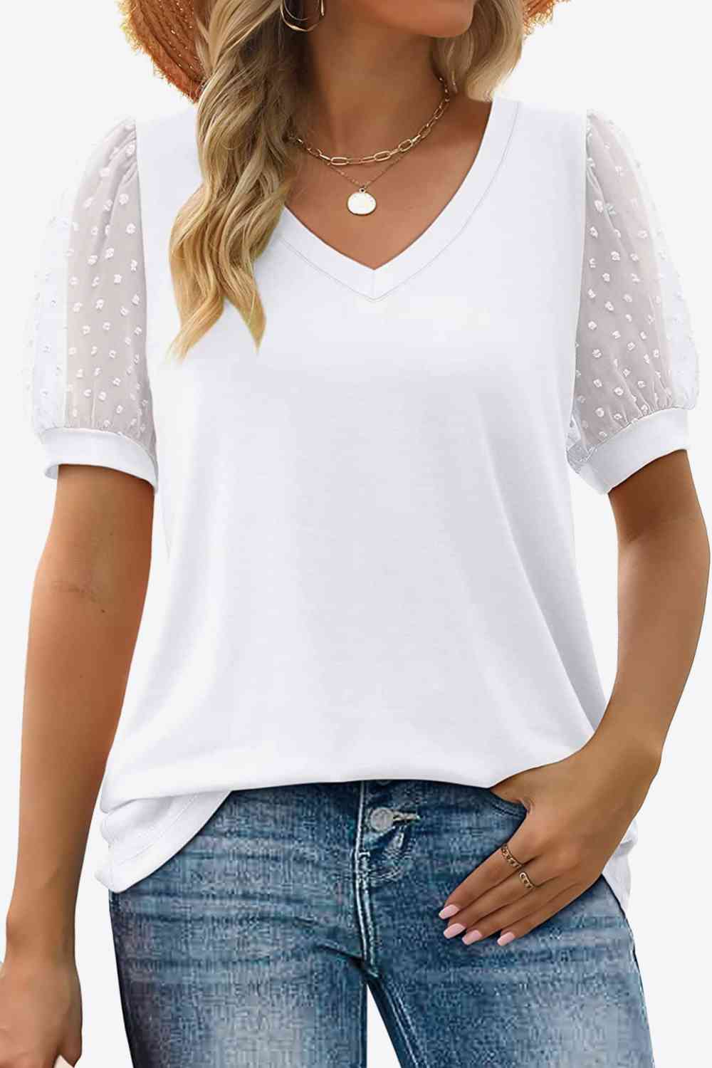 Swiss Dot Puff Sleeve V-Neck Tee