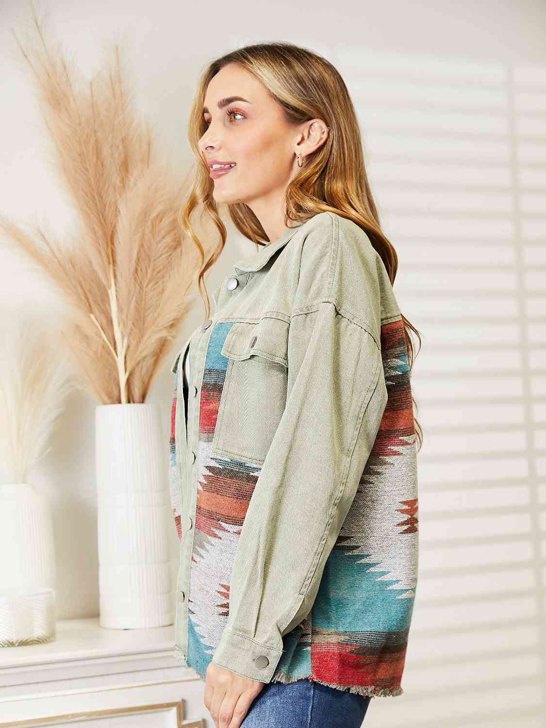 Dropped Shoulder Long Sleeve Printed Denim Jacket