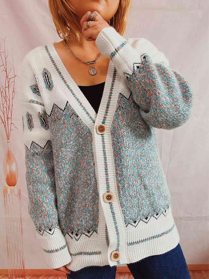 Geometric Button Front Long Sleeve Cardigan