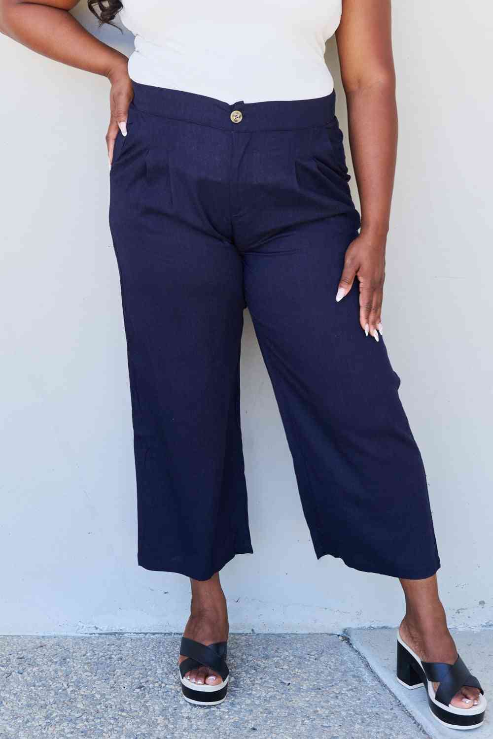 And The Why In The Mix Full Size Pleated Detail Linen Pants in Dark Navy