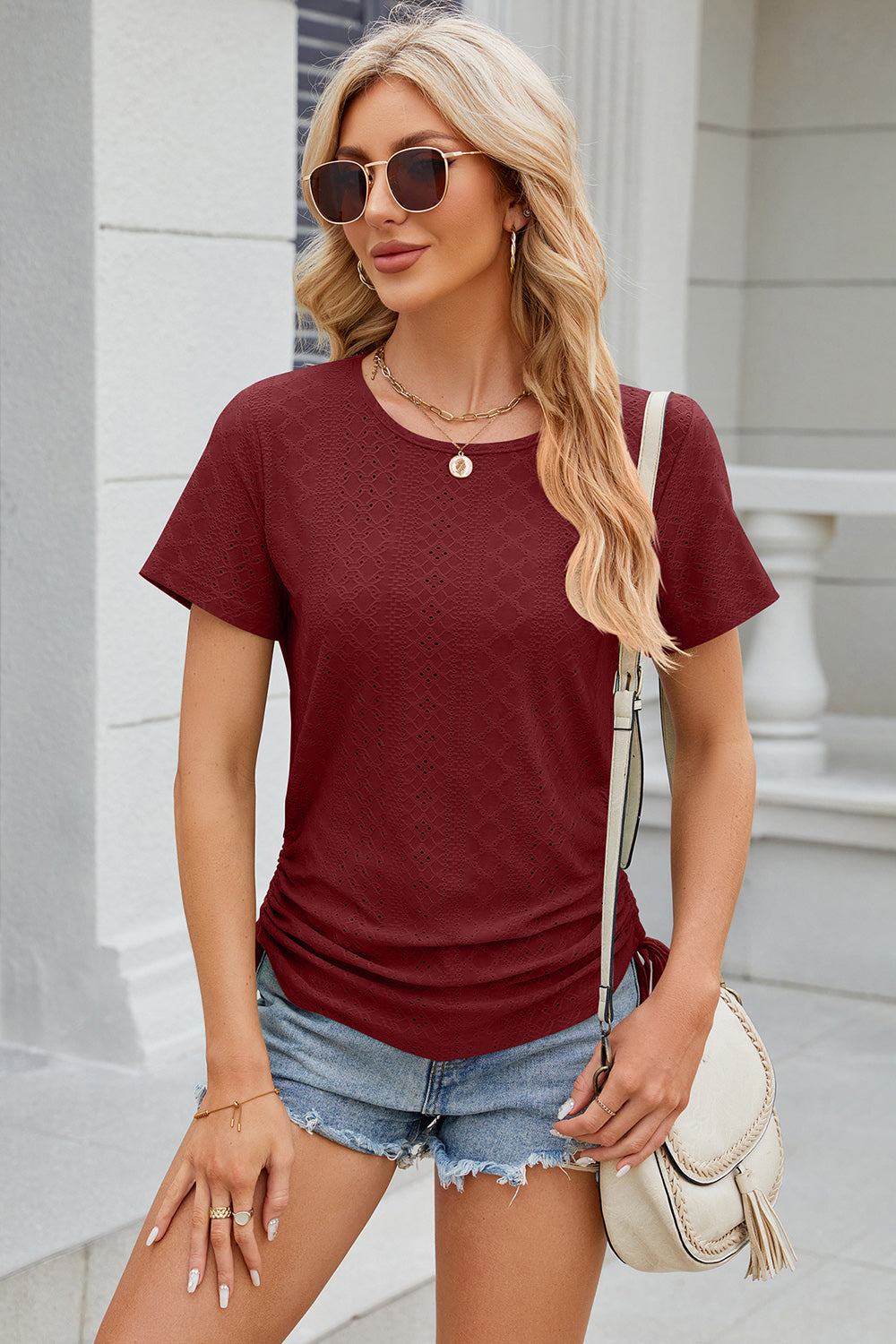 Eyelet Round Neck Short Sleeve T-Shirt