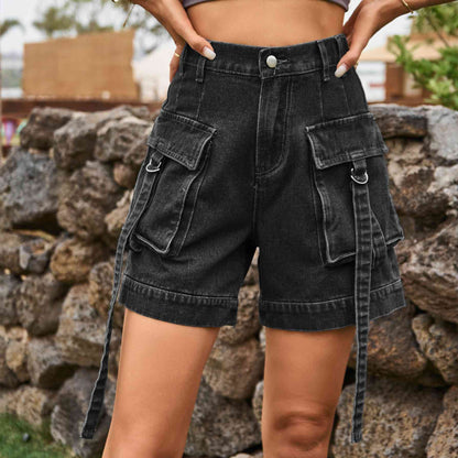 High Waist Denim Cargo Shorts