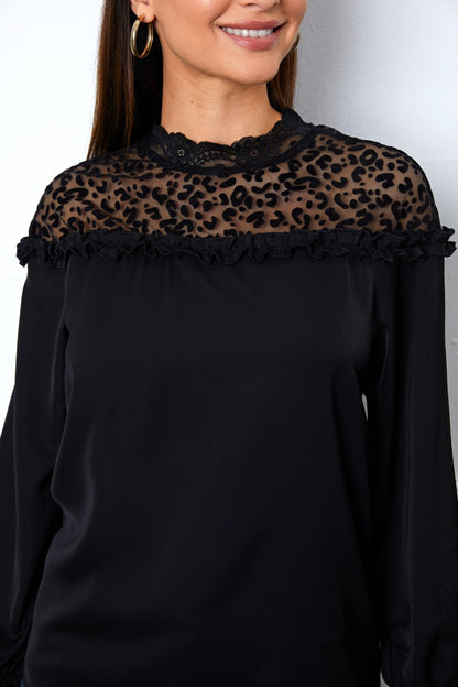 Leopard Frill Flounce Sleeve Blouse