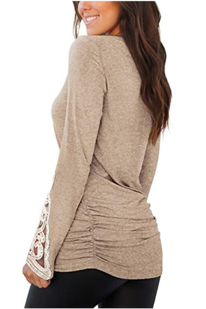 Lace Detail Long Sleeve Round Neck T-Shirt