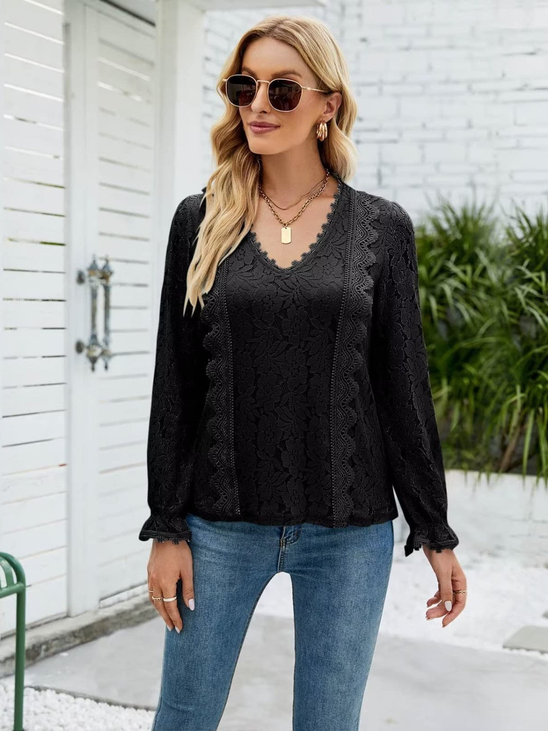 Lace V-Neck Flounce Sleeve Blouse
