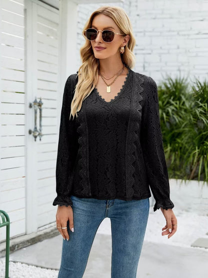 Lace V-Neck Flounce Sleeve Blouse