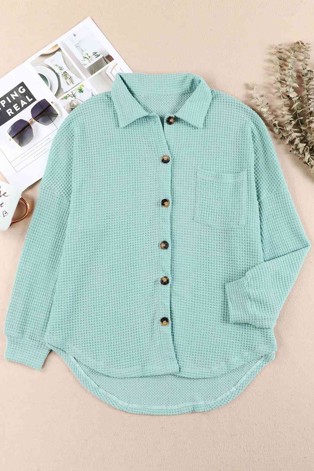 Waffle-Knit Button Up Long Sleeve Shirt with Pocket