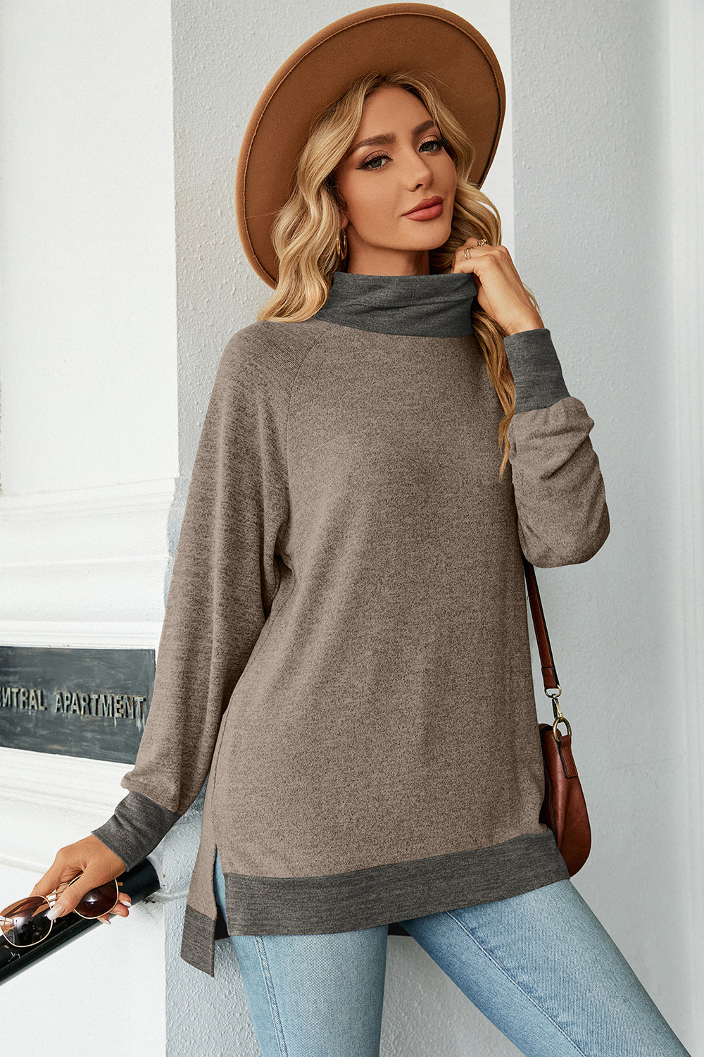 Slit Mock Neck Long Sleeve T-Shirt