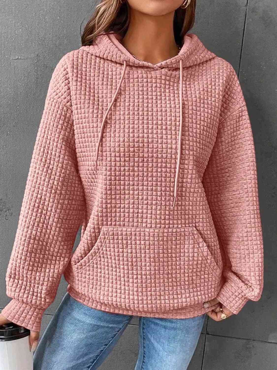 Textured Drawstring Drop Shoulder Hoodie