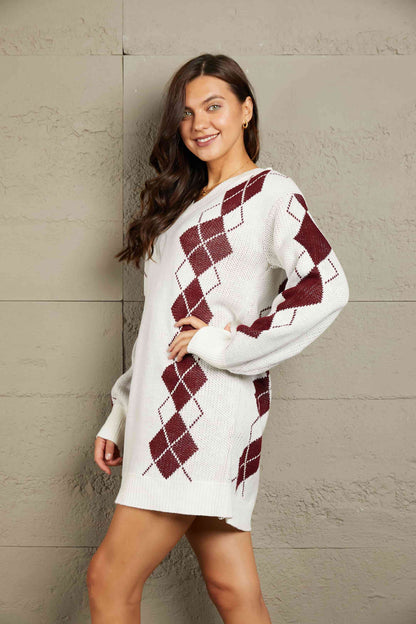 Woven Right Argyle V-Neck Ribbed Trim Sweater Dress