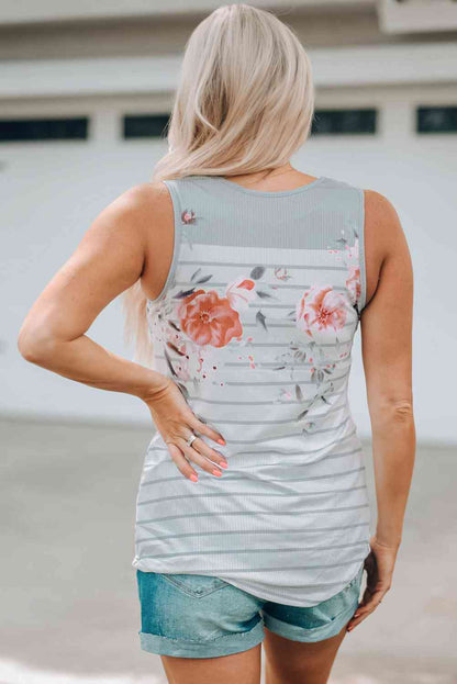 Mixed Print Buttoned V-Neck Tank