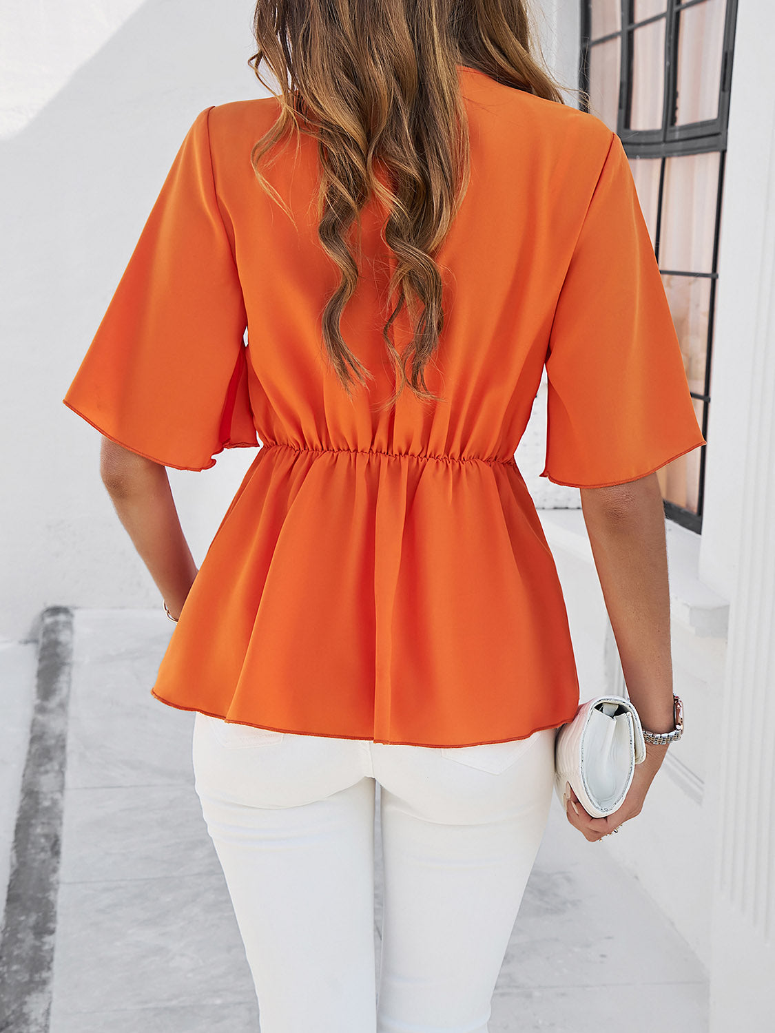 Surplice Tie Waist Half Sleeve Blouse