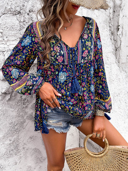 Printed Tie Neck Long Sleeve Blouse