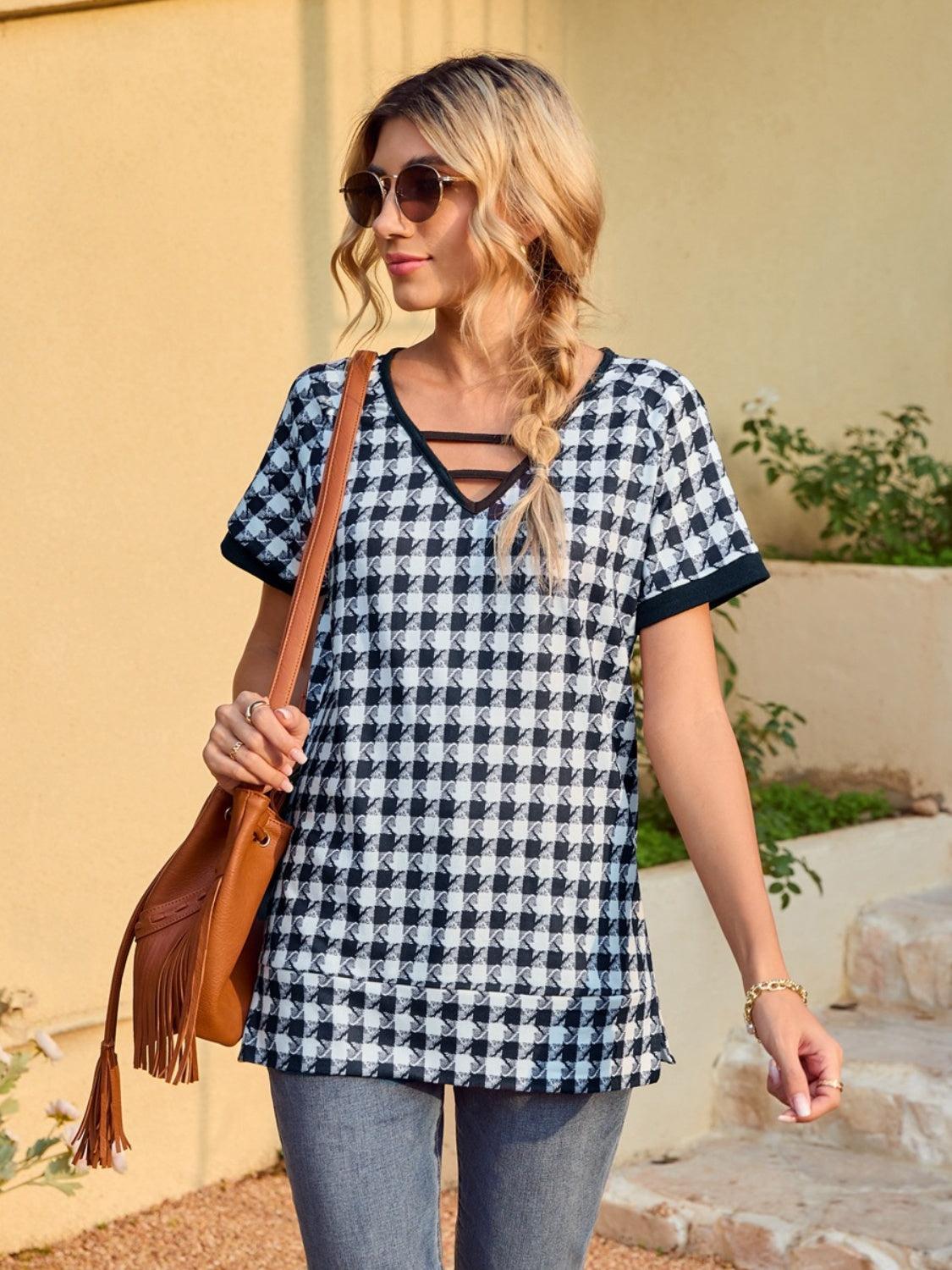 Houndstooth V-Neck Short Sleeve T-Shirt