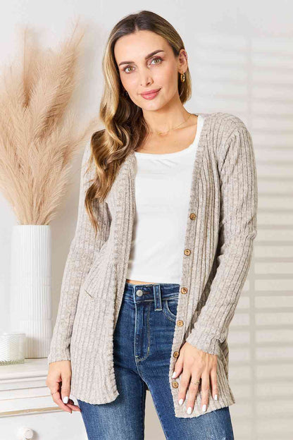 Double Take Ribbed Button-Up Cardigan with Pockets