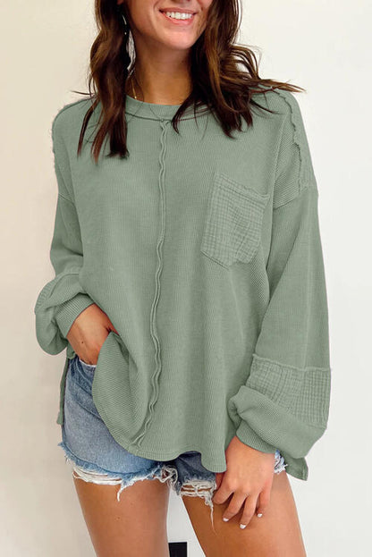 Waffle-Knit Exposed Seam Lantern Sleeve Blouse