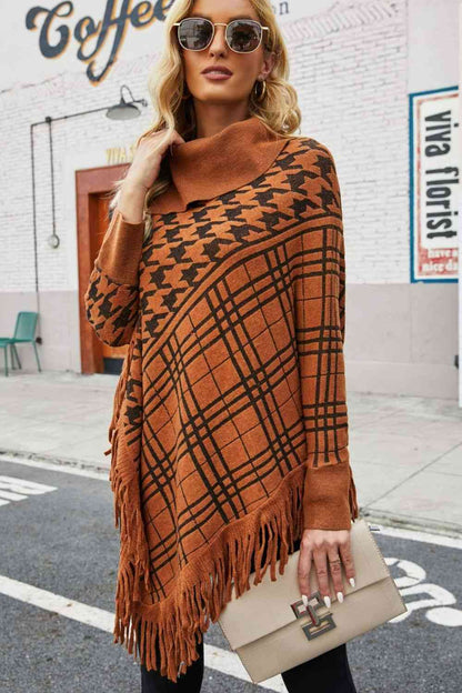 Houndstooth Turtleneck Fringe Hem Poncho