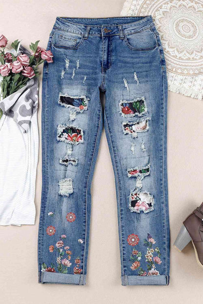 Floral Graphic Patchwork Distressed Jeans