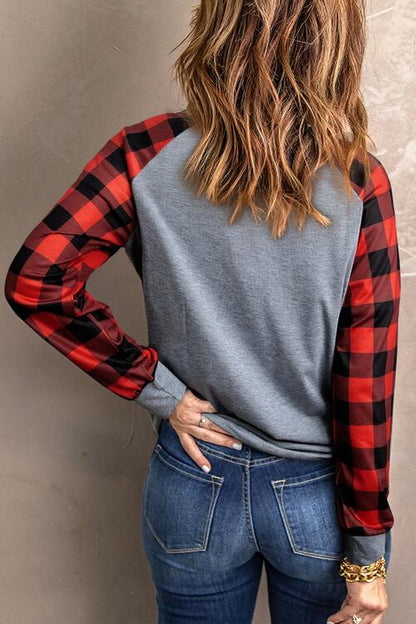 Plaid Round Neck Long Sleeve T-Shirt