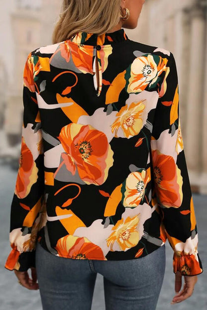 Floral Mock Neck Flounce Sleeve Blouse