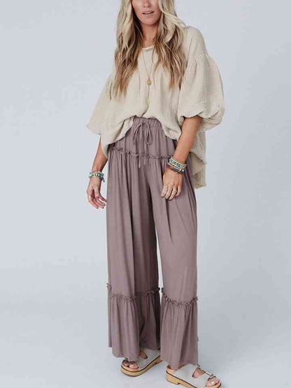 Wide Leg Ruffle Trim Pants