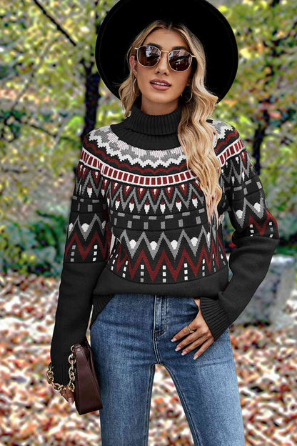 Geometric Turtleneck Long Sleeve Sweater