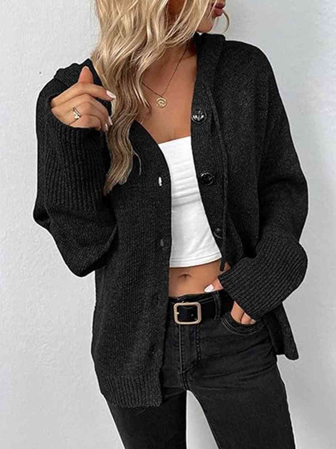 Button Up Drawstring Long Sleeve Hooded Cardigan