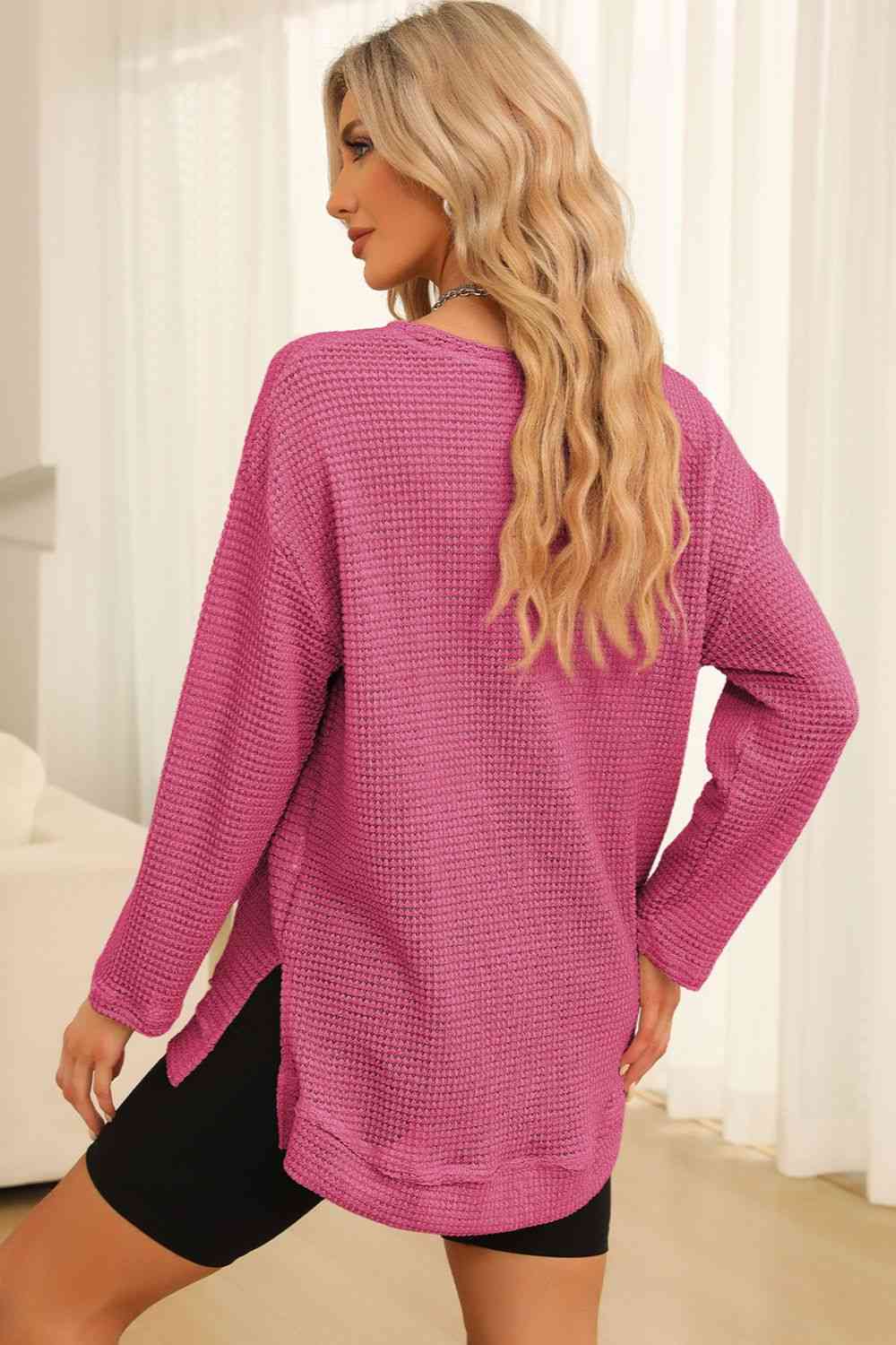 Waffle-Knit Round Neck Long Sleeve Sweatshirt