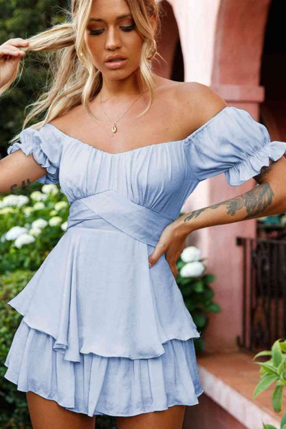 Off Shoulder Flounce Sleeve Romper