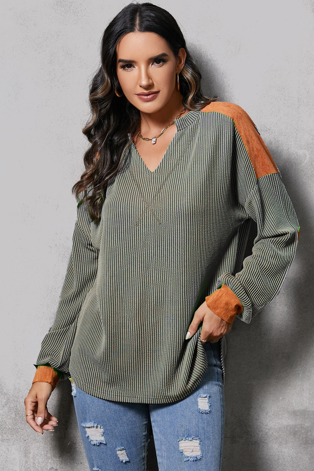 Striped Notched Long Sleeve Blouse