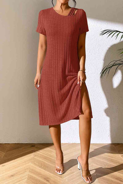 Ribbed Asymmetrical Neck Short Sleeve Dress