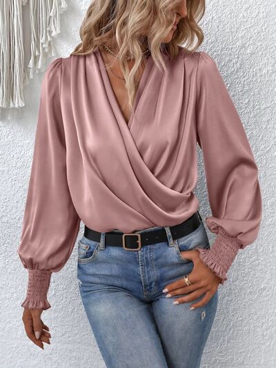 Surplice Smocked Lantern Sleeve Blouse