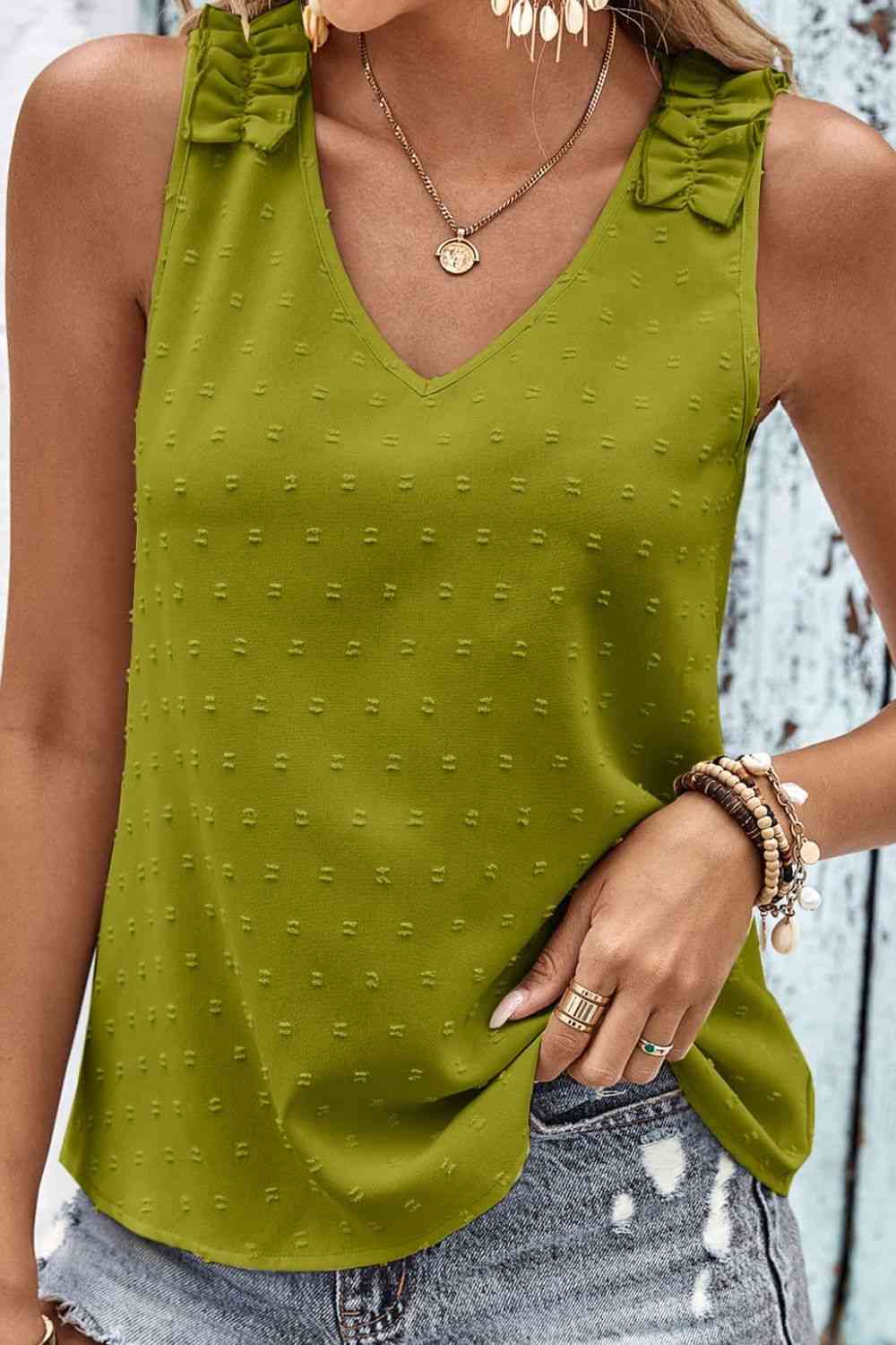 Swiss Dot Shoulder Detail V-Neck Tank