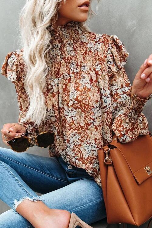 Floral Smocked Lantern Sleeve Ruffled Blouse