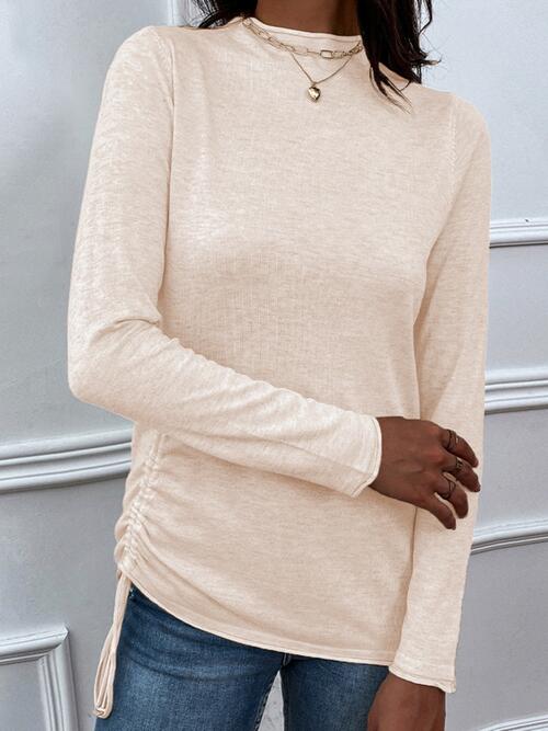 Drawstring Mock Neck Long Sleeve T-Shirt