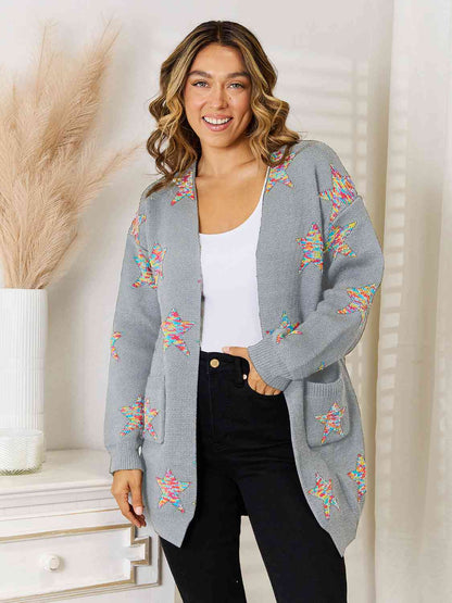 Star Pattern Open Front Cardigan with Pockets