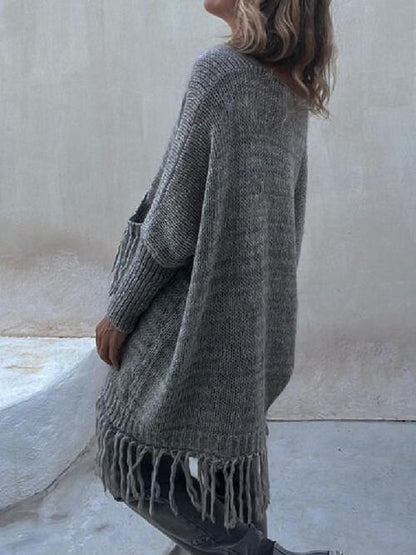 Fringe Detail Long Sleeve Sweater with Pockets