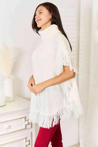 Justin Taylor Turtle Neck Fringe Poncho