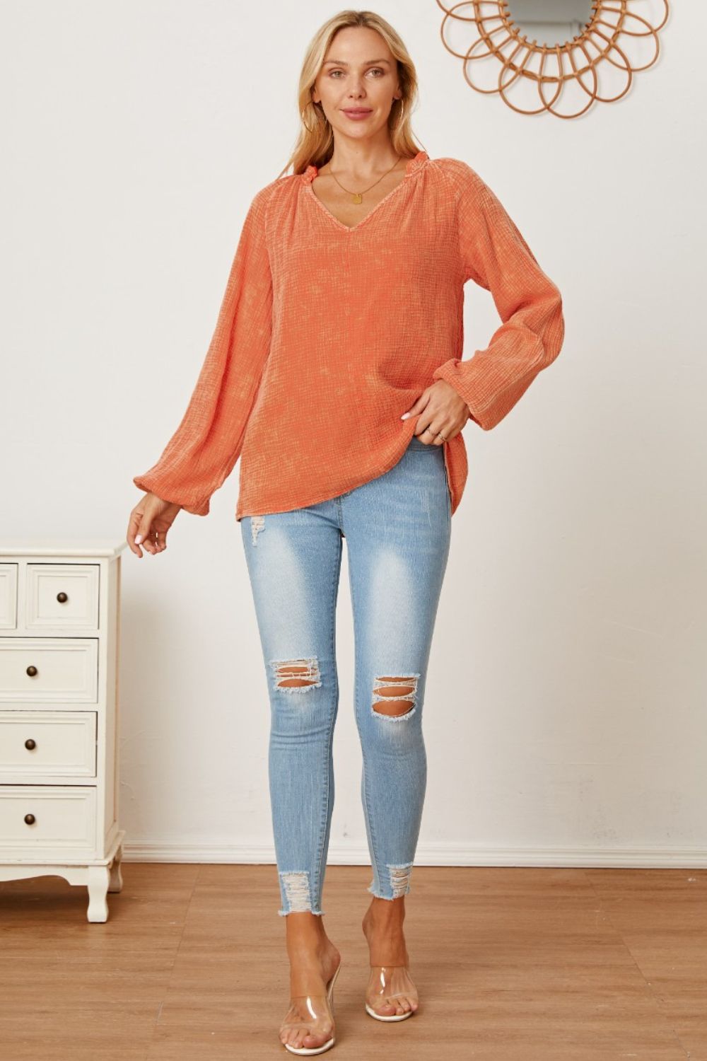 Frill V-Neck Balloon Sleeve Blouse