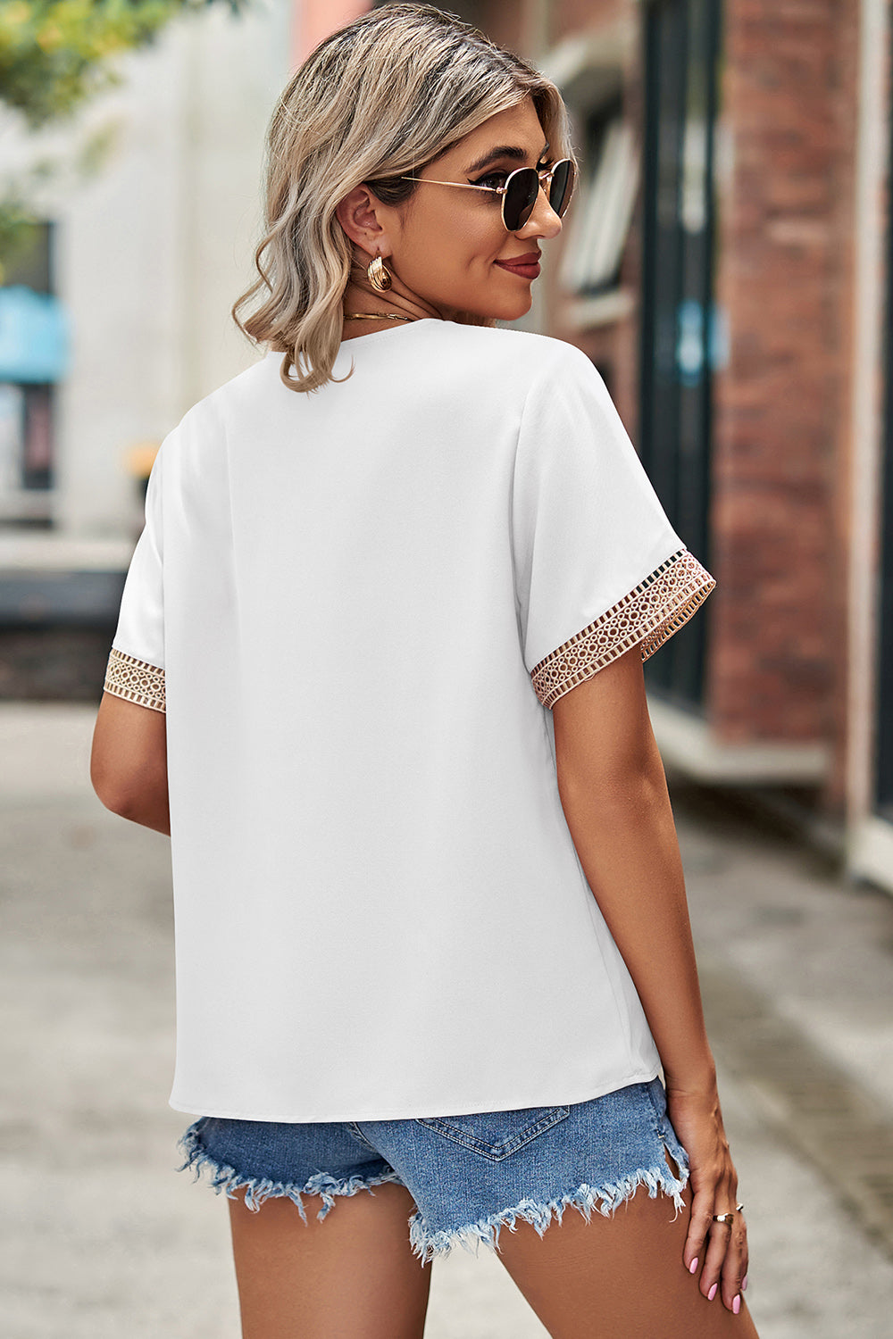 Openwork V-Neck Short Sleeve T-Shirt