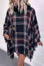 Plaid Turtleneck Fringe Hem Poncho