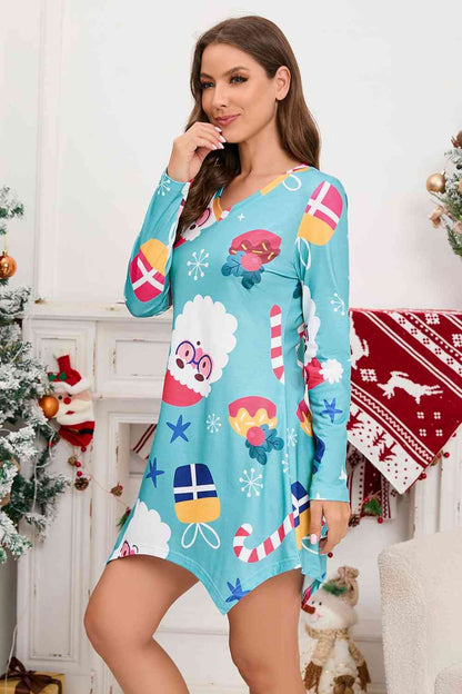 Christmas Element V-Neck Long Sleeve Mini Dress